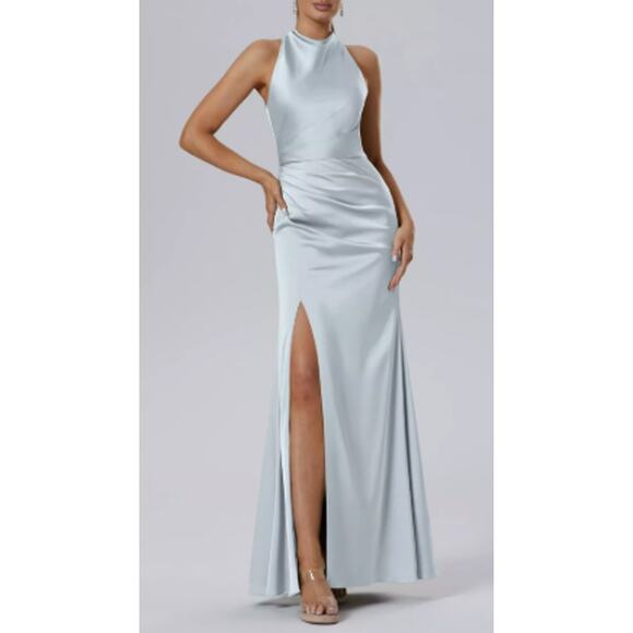 FORMAL AW SZ 12 L baby blue Satin Maharaol Floral Bridesmaid maxi Dress New b147 - Picture 1 of 5